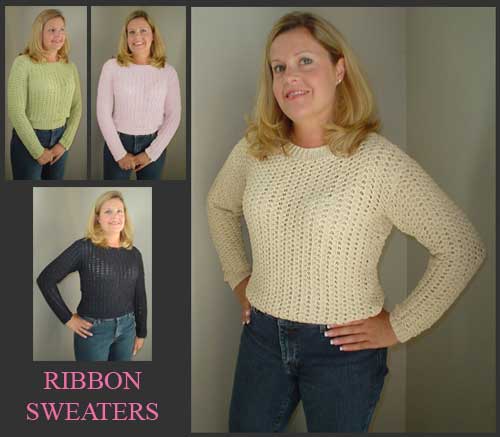 Knit Ribbon Sweaters in a lacey tuck stitch in several colors black natural summer garden green and angel pink