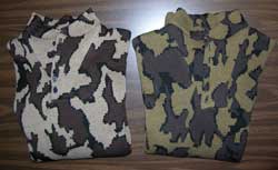 Knit Winona Camo™  fatiques sweaters knit in color ways E and Q for comparison