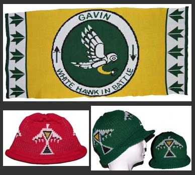 Knit blanket and cap with the White Hawk in Battle Native Design