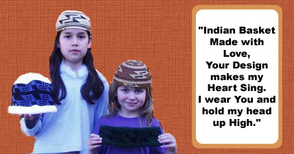 Photo of Darlenes granddaughters wearing the woven basketry hats and holding the knit cap and headband
