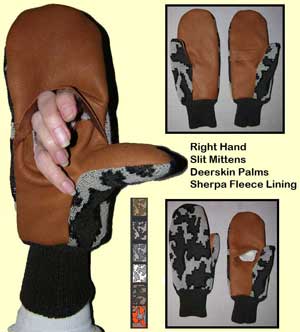 knit Winona Camo mittens with deerskin palms